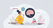 © VectorMine - Counseling psychology and psychotherapy mind session tiny person concept. Mental care and medical help to solve bad mood, feeling or personality problems vector illustration. Brain anxiety treatment.