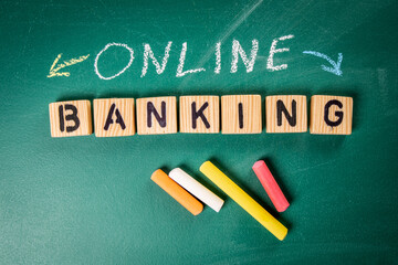 Wall Mural - online banking. wooden alphabet letters on a green chalkboard