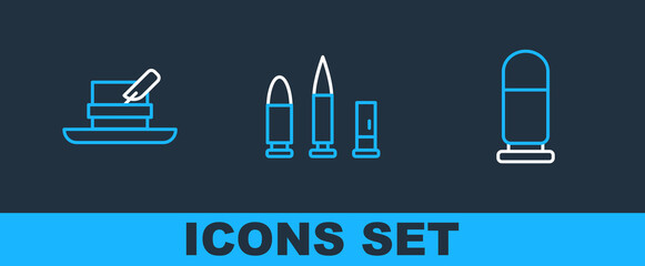 Wall Mural - Set line Bullet, Hunter hat with feather and and cartridge icon. Vector