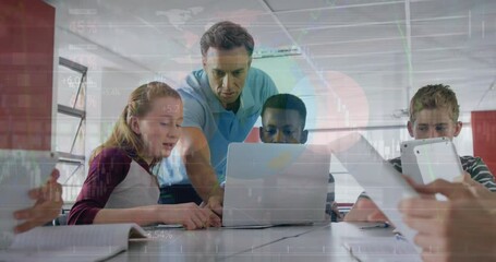 Canvas Print - Animation of caucasian teacher teaching multiracial students using laptop over infographic interface