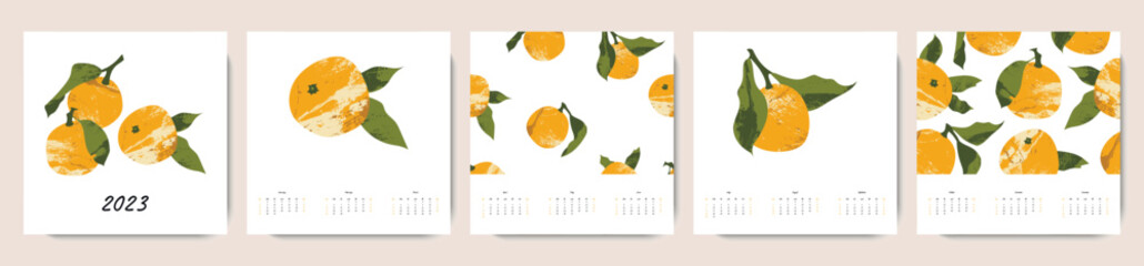 Calendar 2023, 12 months. Week start from Sunday. Event planner, organizer, schedule page design, weekly timetable. Mandarin, tangerine, orange, citrus fruit. Vector flat cartoon illustration