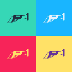 Sticker - Pop art Vintage pistol icon isolated on color background. Ancient weapon. Vector