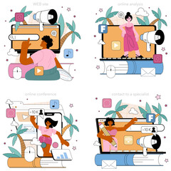 Sticker - content manager online service or platform set. idea of digital promotion