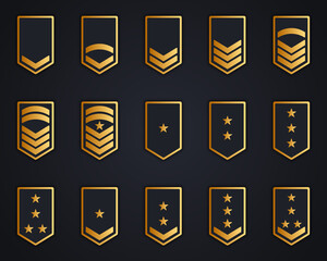 Military Insignia Soldier Icon Set. Chevron Stripes Badge Gold Logo. Sergeant, General, Major, Officer, Lieutenant, Colonel Patch . Golden Army Rank on Dark Background. Isolated Vector Illustration