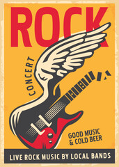 Wall Mural - Artistic poster design for rock concert. Rock music retro flyer template with electric guitar and angel wing. Vector illustration.