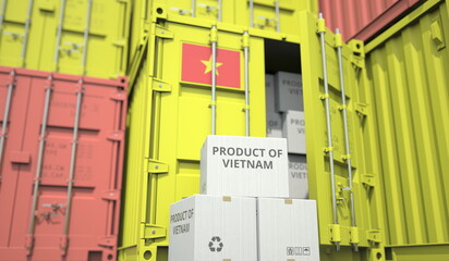 Wall Mural - Boxes with goods from Vietnam and cargo containers. National economy related conceptual 3D rendering