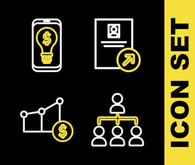 Poster - Set line Job promotion, Hierarchy organogram chart, Pie and dollar and Light bulb with mobile icon. Vector