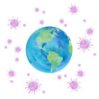 コロナウィルスに囲まれた地球イメージ。水彩イラスト。アメリカ大陸、太平洋、大西洋、アメリカ、カナダ、ブラジル、ペルー（透過背景）

