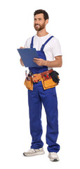 Wall Mural - Professional plumber with clipboard and tool belt on white background