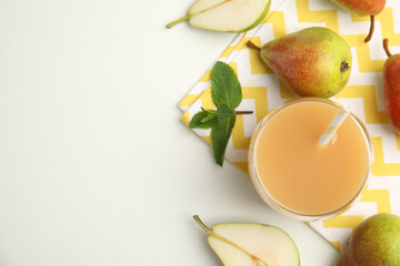 Wall Mural - Tasty pear juice and fruits on white table, flat lay. Space for text