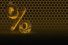 Percent Hive With Bee On Honey Comb  Shiny Hexagonal Gold Percentage On A Black Background.