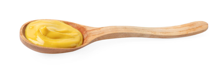 Wall Mural - Delicious mustard in wooden spoon isolated on white