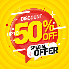 Sticker - Up to 50 percent off discount. Special offer promotion. Sale sticker, banner or badge label for sale marketing campaign and half price clearance promotion vector illustration