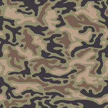 Green Camouflage Pattern Background. Seamless Green Camouflage. Classic Green Army Clothing Style. Forest Masking Camo. Green Brown Black Olive Colors Military Texture. Vector. 