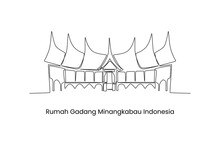 Continuous One Line Drawing Rumah Gadang Minangkabau, Indonesia. Landmarks Concept. Single Line Draw Design Vector Graphic Illustration.