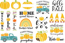Fall Svg Bundle - Hello Fall, Welcome Porch Sign, Farm Fresh Pumpkins Truck. Autumn Gnomes Svg Cut File. Pumpkin Clipart. Vector Illustration Isolated On White Background. Farm Harvest Sign