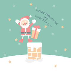  merry christmas and happy new year with cute santa claus and present gift with chimney in the winter season green background, flat vector illustration cartoon character costume design