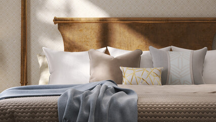 Realistic 3D render close up luxury bedding set, blanket, cover and pillows on elegance antique bed with morning sunlight. Fabric, Cotton, Bedroom, Hotel, Contemporary, Linen, Oriental, Comfortable.
