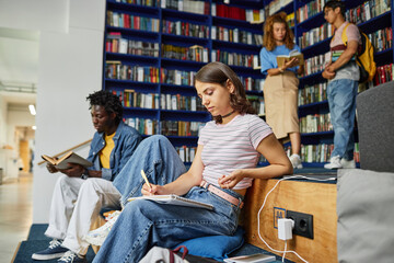 Vibrant side view portrait of young woman doing homework in college library with students in background, copy space