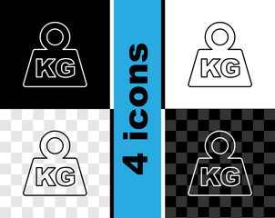 Sticker - Set line Weight icon isolated on black and white, transparent background. Kilogram weight block for weight lifting and scale. Mass symbol. Vector