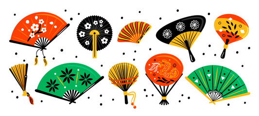 Asian hand fans. Chinese handheld paper accessories. Vintage cultural objects. Traditional souvenirs with flower ornaments. Oriental attributes. Japanese clothing. Garish vector set
