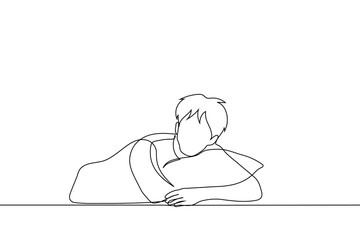 Wall Mural - man shaggy raised his head from the pillow which he hugs with both hands - one line drawing vector. concept to wake someone up early in the morning