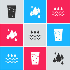 Sticker - Set Glass with water, Water drop and Wave icon. Vector