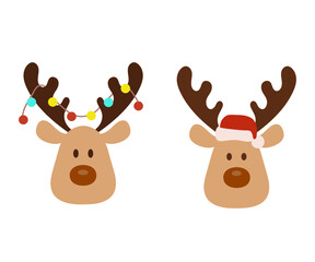 Wall Mural - Cute reindeer face in Santa Claus hat, garland hanging from antlers. Vector flat illustration Isolated on white. Christmas sign