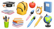 Icons set for back to school, learning and onlline education banners. School bag, notebook, writing accessories, globe, books stack, clock and graduation cap. 3d high quality isolated render
