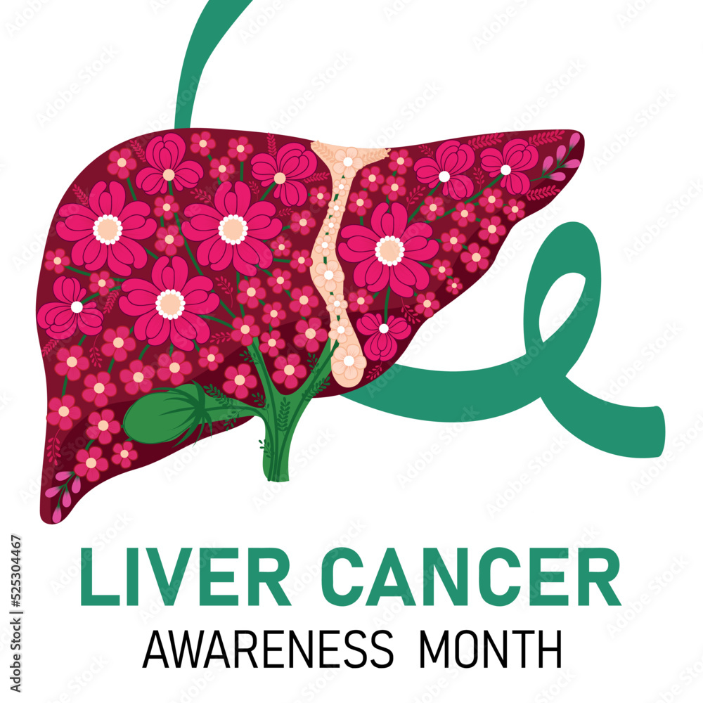 Liver Cancer Awareness Month poster. Vector cartoon illustration of  liver and ribbon.