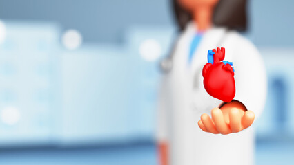 Sticker - 3D Render Of Female Doctor Protecting Heart On Blue Blurred Background.