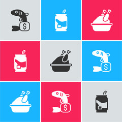 Poster - Set Price tag for fish, Soda can and Roasted turkey chicken icon. Vector