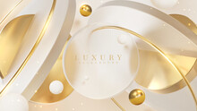 Gold Abstract Luxury Background With 3d Geometric Shape Parts Decoration And Ball With Shiny Elements.