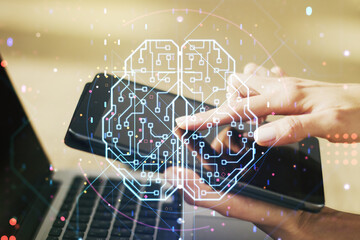 Wall Mural - double exposure of creative artificial intelligence symbol with finger clicks on a digital tablet on