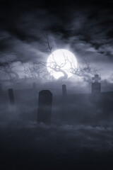 Wall Mural - old tree and moon in the clouds in scary graveyard landscape