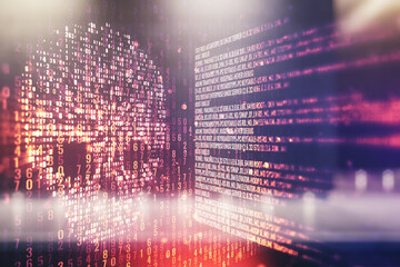 Abstract virtual creative code skull hologram on contemporary business center exterior background, theft of personal data and malware concept. Multiexposure