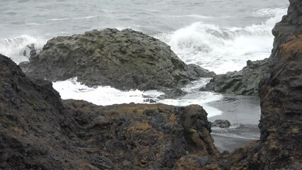 Wall Mural - Intense surf on the basalt rock coast of Iceland at Dyrholaey.