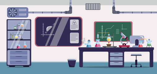 Vector illustration interior of a chemical laboratory. Cartoon interior with table, blackboard, test tubes, chemicals, cabinet, ventilation, computer.