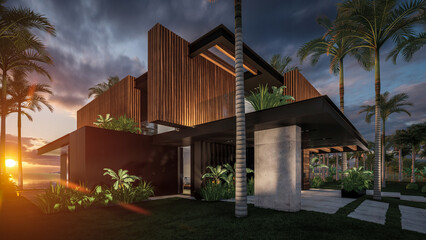 Wall Mural - 3d rendering of modern cozy house with parking and pool for sale or rent with wood plank facade by the sea or ocean. Sunset evening by the azure coast with palm trees and flowers in tropical island