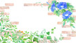© Keiko Takamatsu - レンガの壁を背景にしたグリーンの草花と、アサガオの水彩イラスト。装飾フレーム。（透過背景）