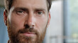 Male portrait front view close up headshot proud serious successful professional man bearded adult 40s millennial specialist boss leader consultant worker businessman posing looking at camera indoors