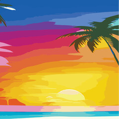 Wall Mural - Vintage palm trees beach. Abstract background with sunny gradient. Palm trees silhouettes Cartoon flat panoramic landscape, sunset with palm trees colored background Summer vacation. Sunrise or sunset