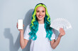 © deagreez - Photo of adorable sweet vibrant gradient hair girl dressed t-shirt rising money fan device empty space isolated white color background
