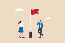 Red Flag Warning To Be Careful For Business Or Economic Disaster, Advice, Notice Or Caution, Attention Or Alert For Threat Concept, Thoughtful Businessman And Businesswoman Look At Red Flag Warning.