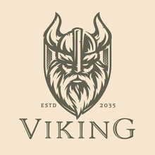 Norse Viking Logo Design. Nordic Warrior Shield Symbol. Horned Norseman Emblem. Odin Horn Helmet And Beard. Brand Identity Vector Illustration.