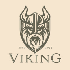 Wall Mural - Norse viking logo design. Nordic warrior shield symbol. Horned Norseman emblem. Odin horn helmet and beard. Brand identity vector illustration.