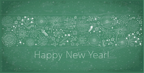 Wall Mural - New Year greeting card with doodle fireworks on blackboard background.