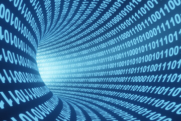 Digital tunnel or channel made of binary numbers. Illustration of the concept of data transmission on the Internet
