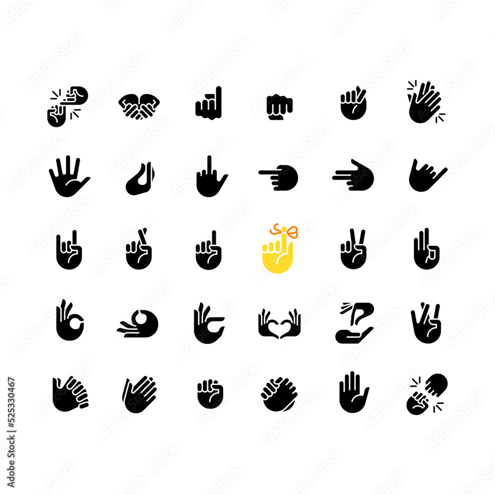 Hand gestures black glyph icons set on white space. Body language ...