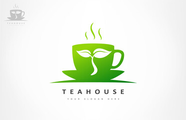 Poster - Cup with tea and saucer and tea leaf logo vector. Teahouse cafe design.